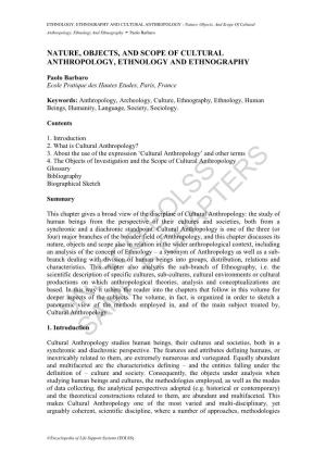 Nature, Objects, and Scope of Cultural Anthropology, Ethnology and Ethnography - Paolo Barbaro
