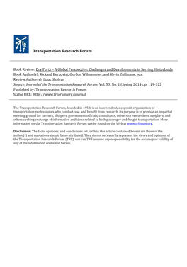 Dry Ports a Global Perspective: Challenges and Developments in Serving Hinterlands Book Author(S): Rickard Bergqvist, Gordon Wilmsmeier, and Kevin Cullinane, Eds