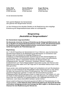 Bürgerantrag „Neutralität Zur Steigerwaldbahn“