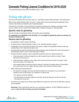 Domestic Fishing Licence Conditions for 2019-2020 This Document and the Rules Within Are Effective April 1, 2019