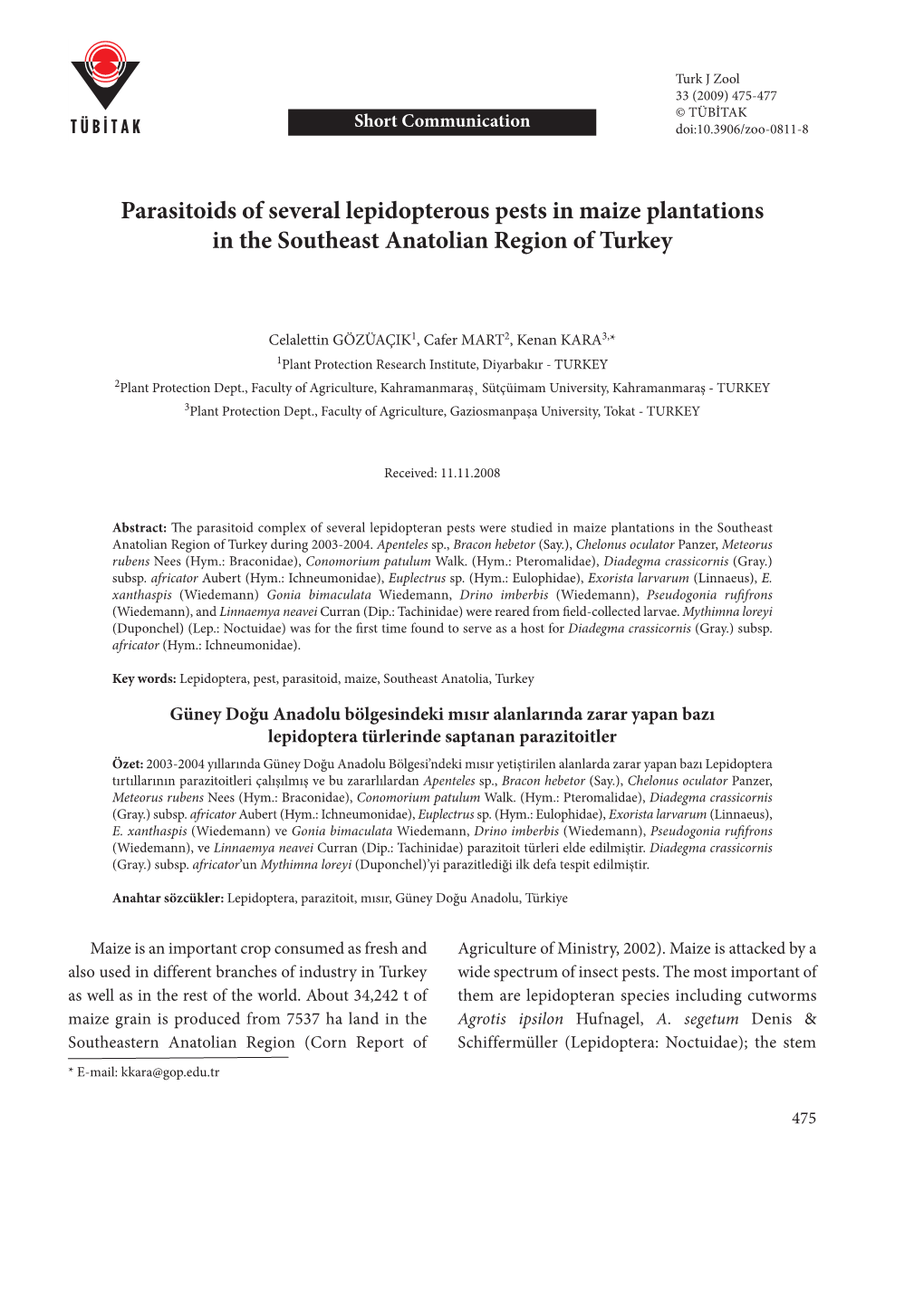 Parasitoids of Several Lepidopterous Pests in Maize Plantations in the Southeast Anatolian Region of Turkey