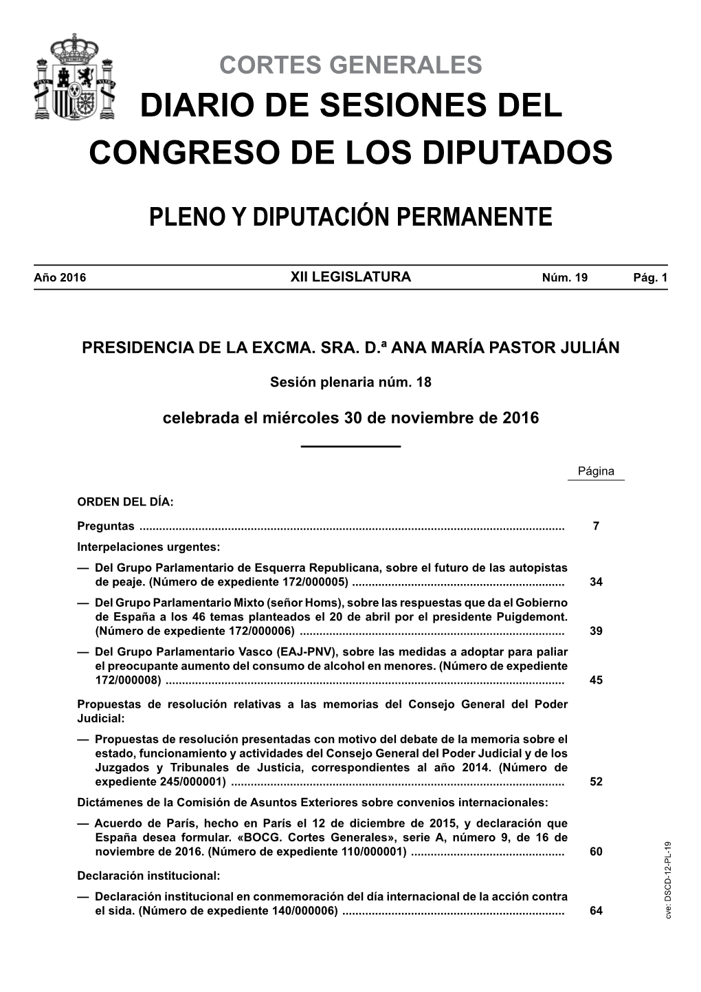 Diario De Sesiones De Pleno Y Diputación Permanente