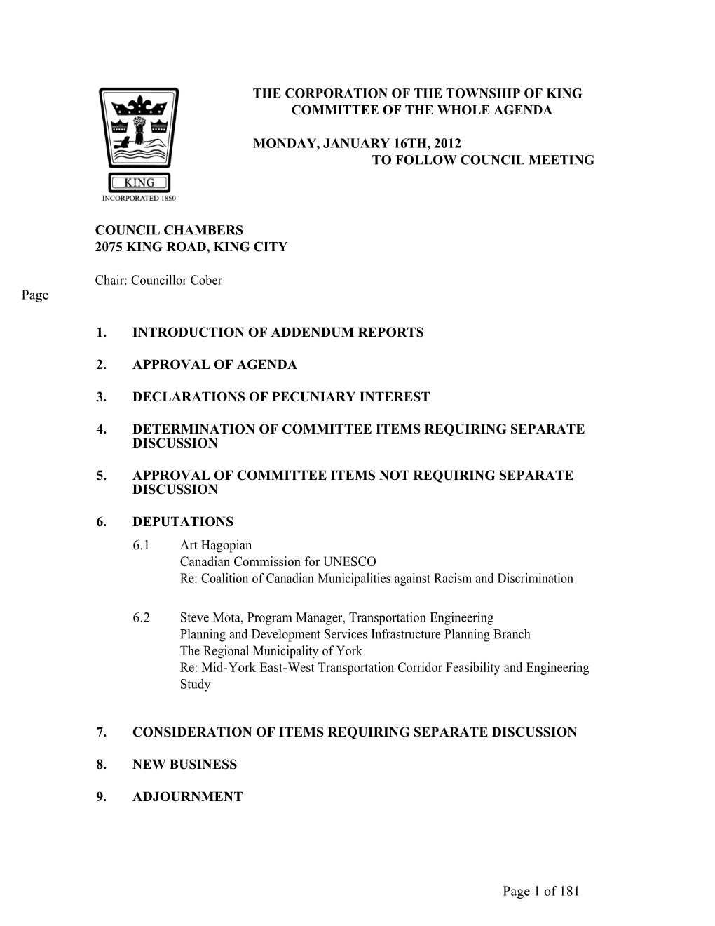 The Corporation of the Township of King Committee of the Whole Agenda