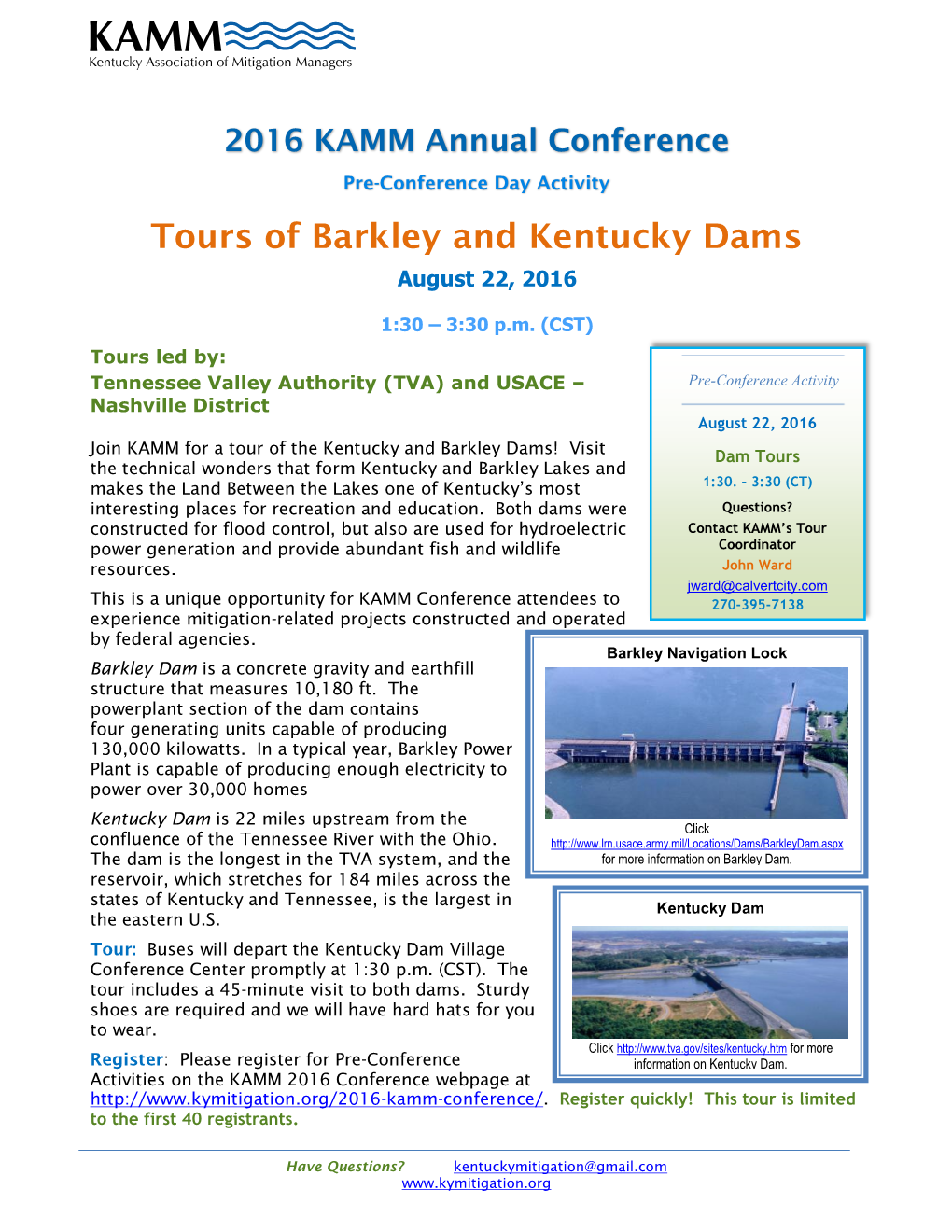 Tours of Barkley and Kentucky Dams August 22, 2016