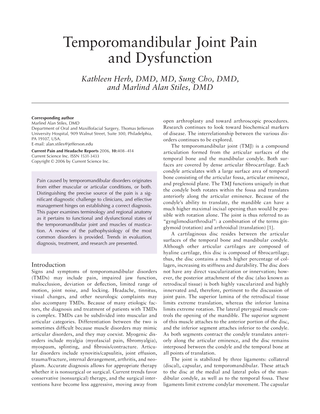 Temporomandibular Joint Pain and Dysfunction