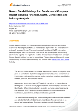 Namco Bandai Holdings Inc. Fundamental Company Report