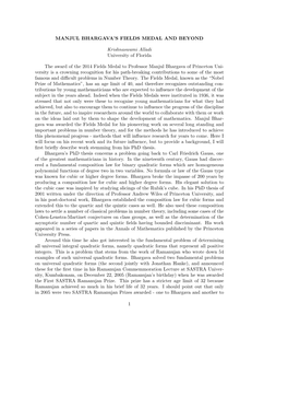 Alladi's Article on Bhargava's Fields Medal