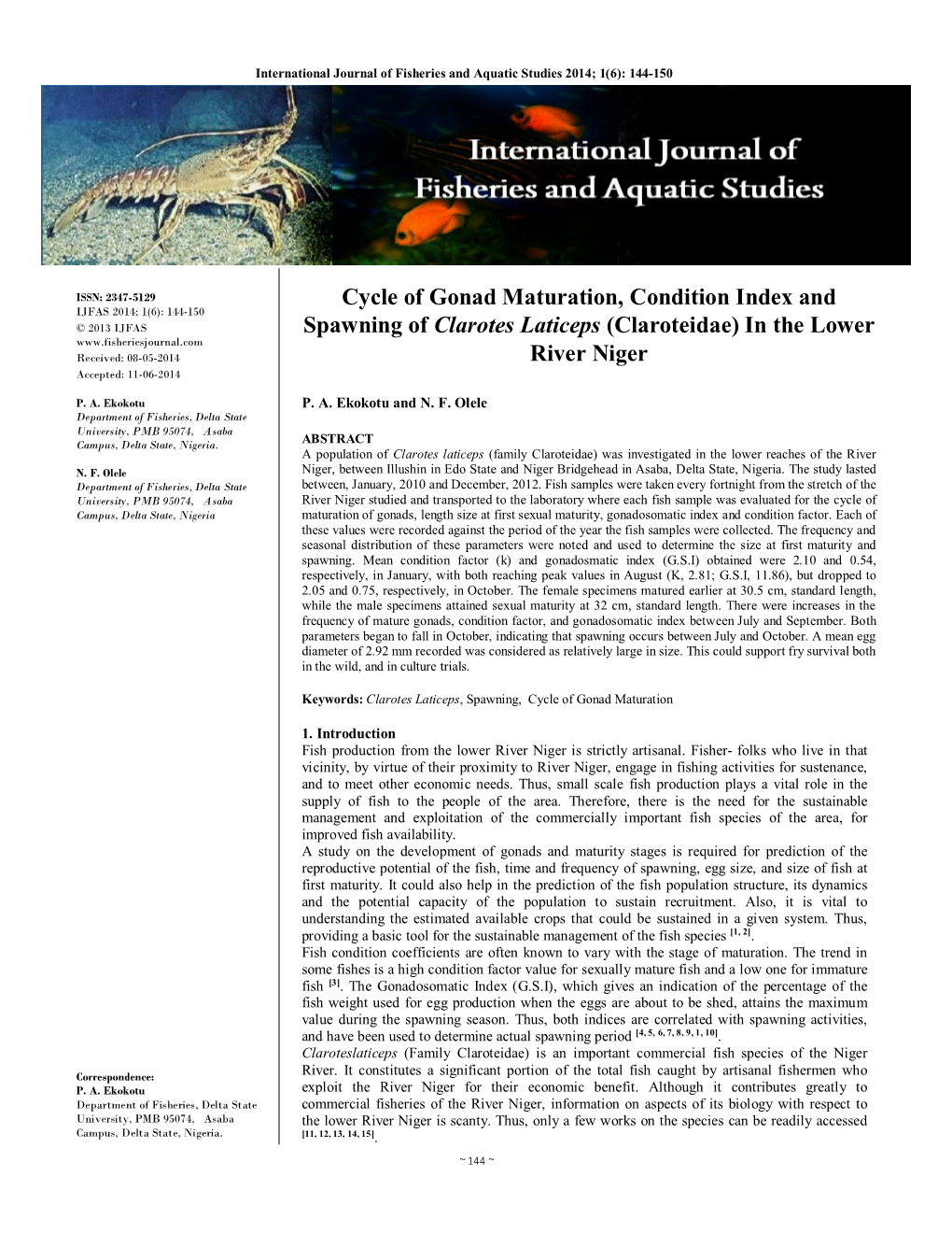 Cycle of Gonad Maturation, Condition Index and Spawning of Clarotes