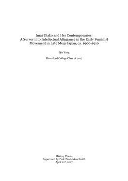 Imai Utako and Her Contemporaries: a Survey Into Intellectual Allegiance in the Early Feminist Movement in Late Meiji Japan, Ca