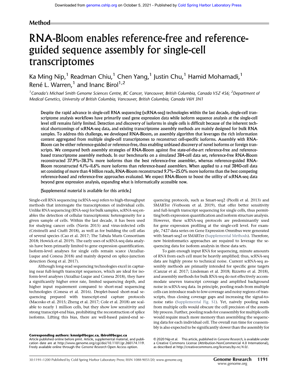 RNA-Bloom Enables Reference-Free and Reference-Guided Sequence Assembly for Single-Cell Transcriptomes