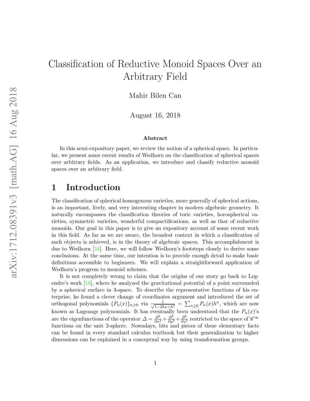 Classification of Reductive Monoid Spaces Over an Arbitrary Field