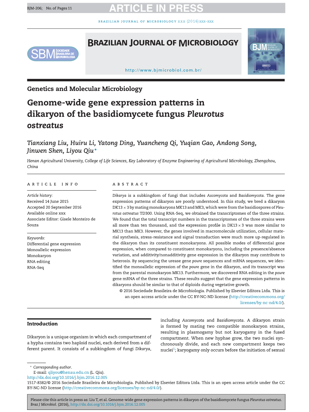 Genome-Wide Gene Expression Patterns in Dikaryon of the Basidiomycete Fungus Pleurotus Ostreatus