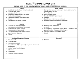 7Th Grade Supply List 2021-2022