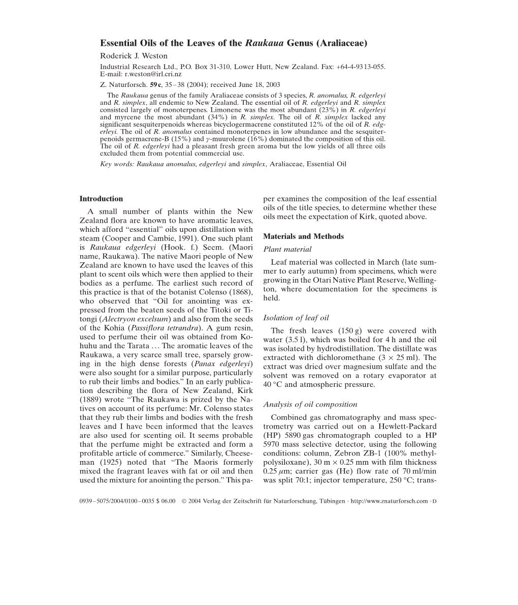 Essential Oils of the Leaves of the Raukaua Genus (Araliaceae) Roderick J