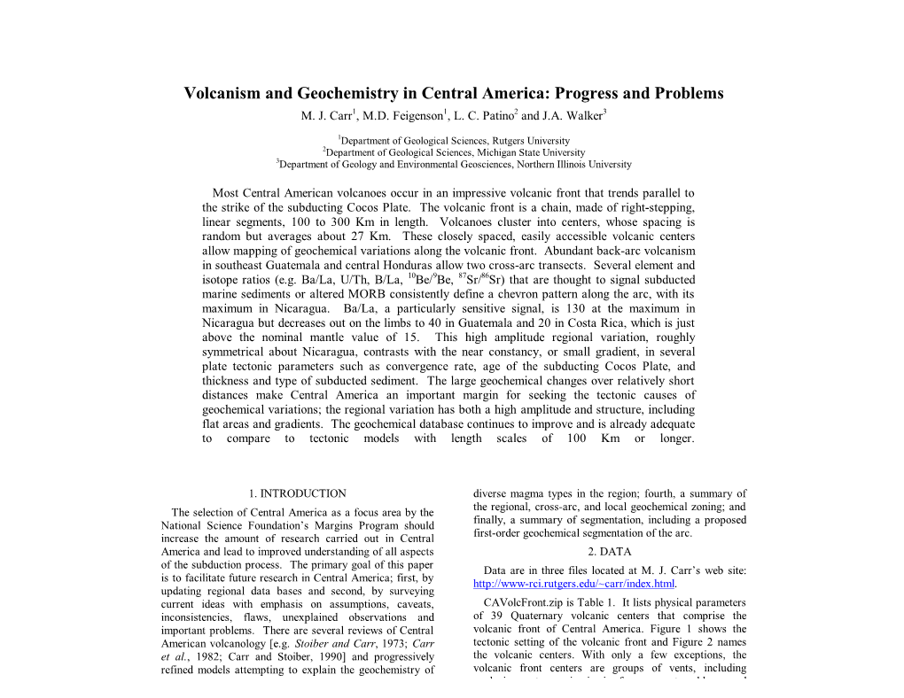 Volcanism and Geochemistry in Central America: Progress and Problems M