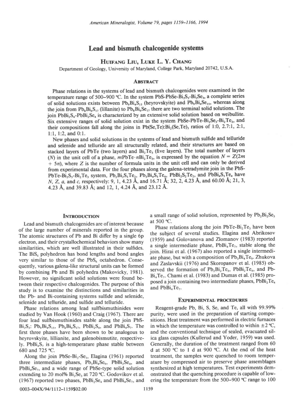 Lead and Bismuth Chalcogenide Systems Hurr.Lnc Lru, Luxn L. Y. CH