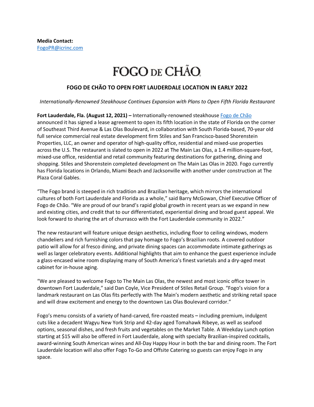 Fogo De Chão to Open Fort Lauderdale Location in Early 2022