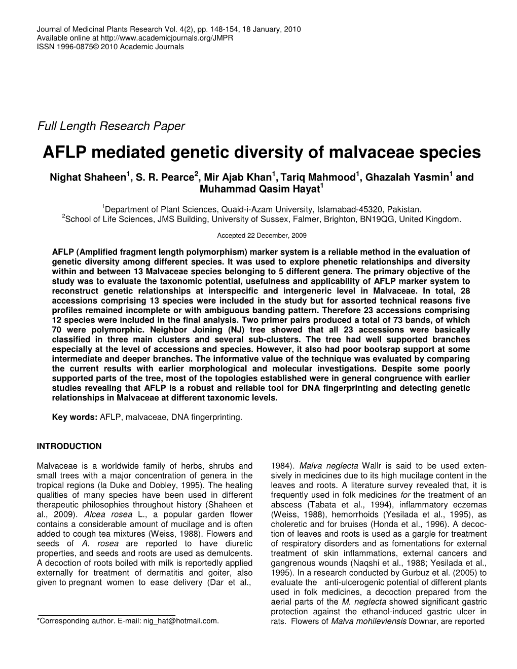 AFLP Mediated Genetic Diversity of Malvaceae Species