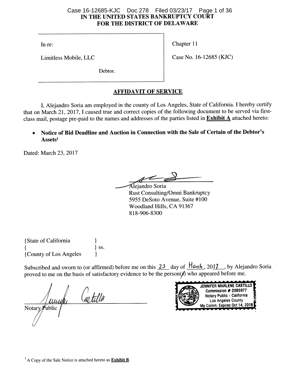 Case 16-12685-KJC Doc 278 Filed 03/23/17 Page 1 of 36 Case 16-12685-KJC Doc 278 Filed 03/23/17 Page 2 of 36 Limitless Mobile, LLC - U.S