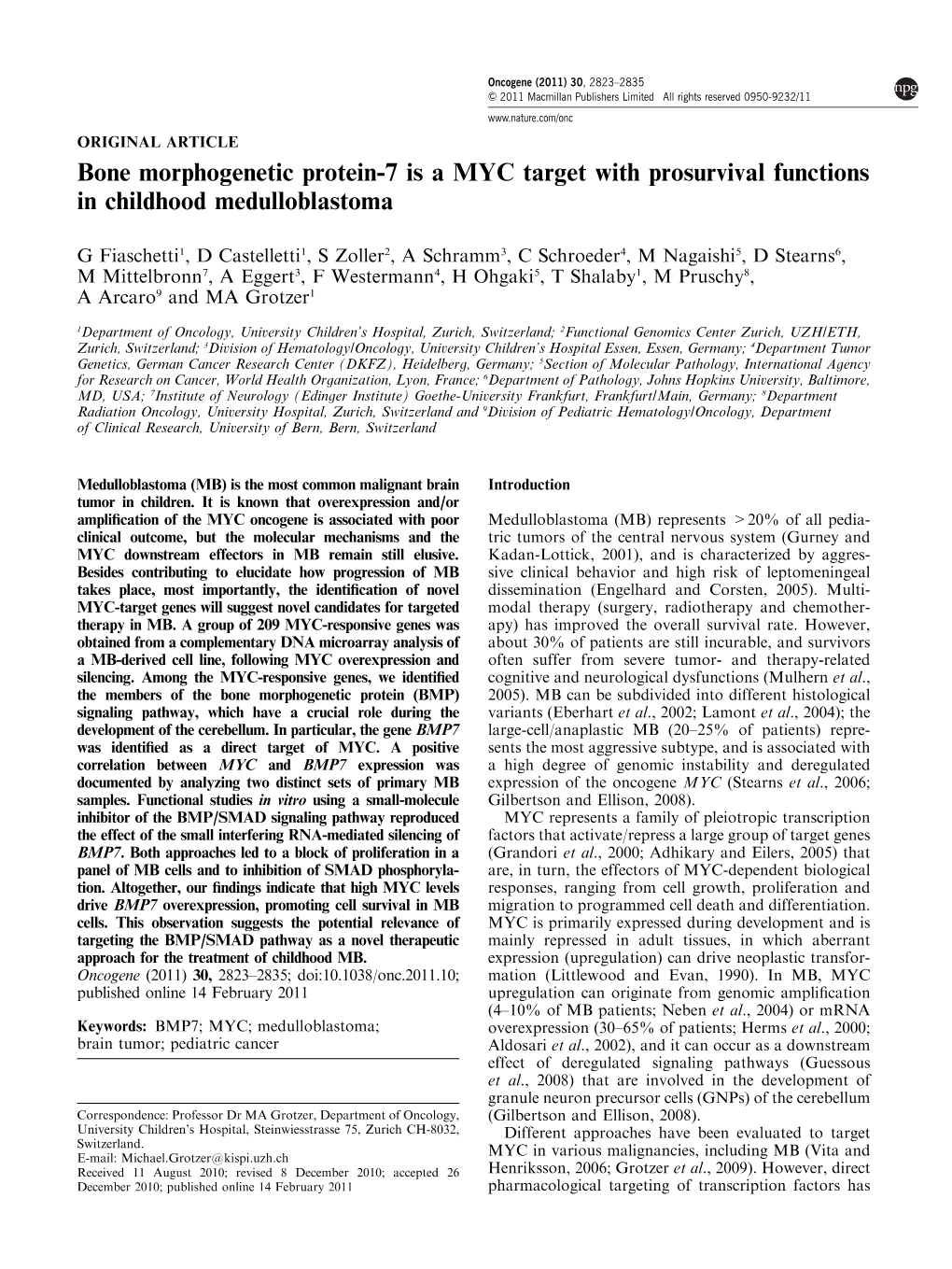 Bone Morphogenetic Protein-7 Is a MYC Target with Prosurvival Functions in Childhood Medulloblastoma