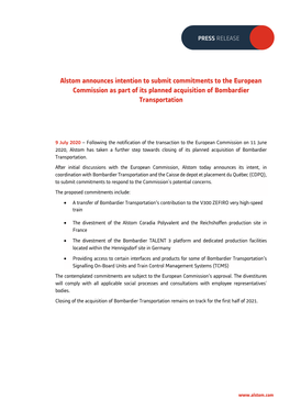 Alstom Announces Intention to Submit Commitments to the European Commission As Part of Its Planned Acquisition of Bombardier Transportation