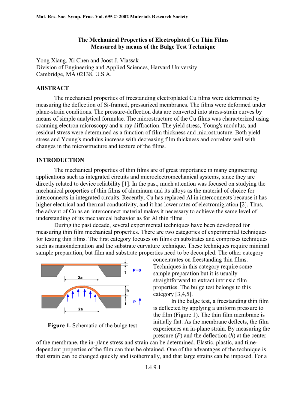 The Mechanical Properties of Electroplated Cu Thin Films Measured by Means of the Bulge Test Technique