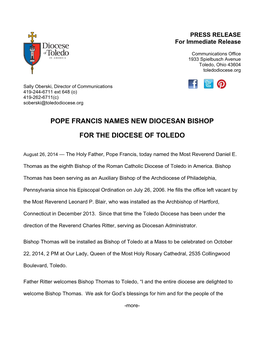 Pope Francis Names New Diocesan Bishop for The