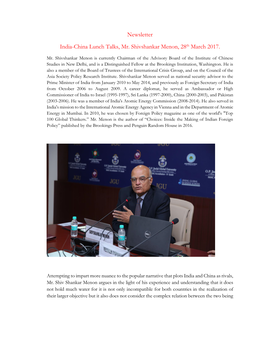 Newsletter India-China Lunch Talks, Mr. Shivshankar Menon, 28Th