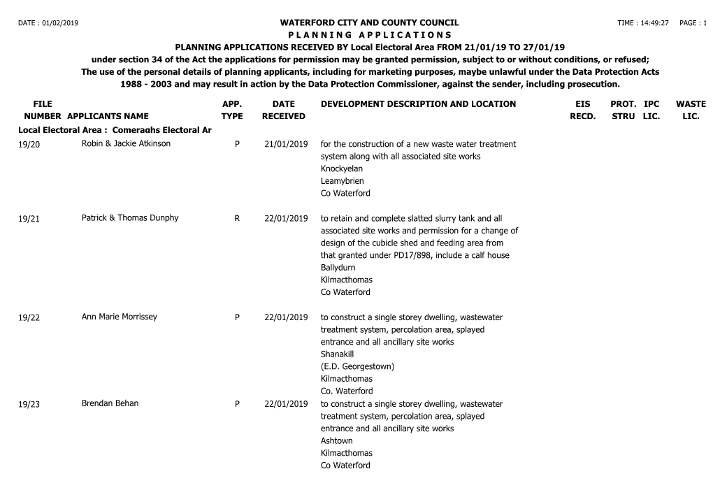 FILE NUMBER WATERFORD CITY and COUNTY COUNCIL P L a N N I N G a P P L I C a T I O N S PLANNING APPLICATIONS RECEIVED by Local