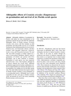 Allelopathic Effects of Ceratiola Ericoides (Empetraceae) on Germination and Survival of Six Florida Scrub Species