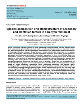 Species Composition and Stand Structure of Secondary and Plantation Forests in a Kenyan Rainforest
