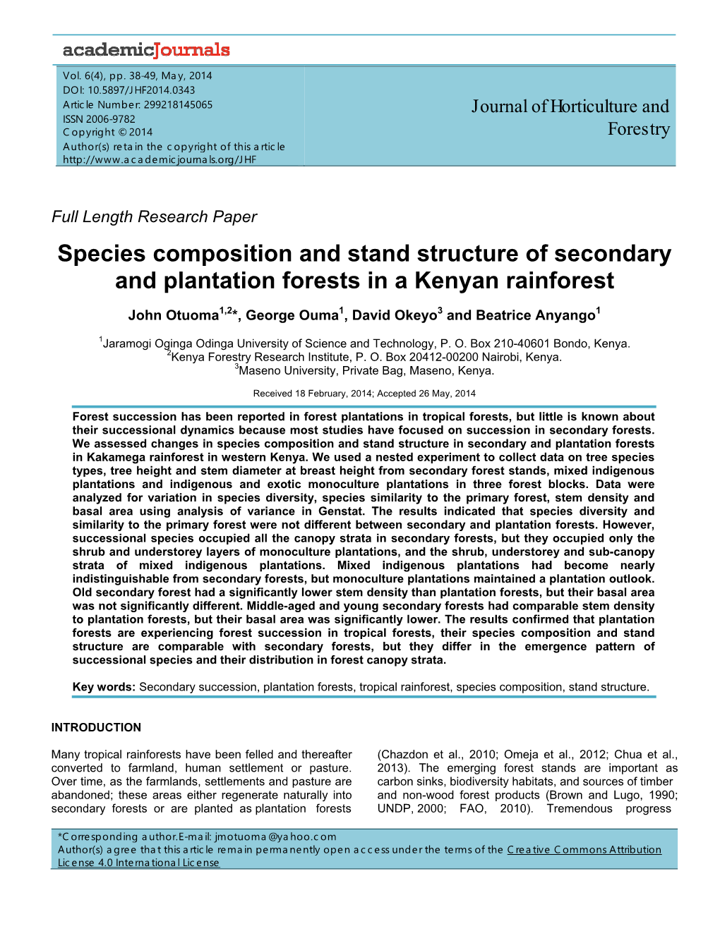 Species Composition and Stand Structure of Secondary and Plantation Forests in a Kenyan Rainforest