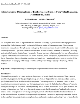 Ethnobotanical Observations of Euphorbiaceae Species from Vidarbha Region, Maharashtra, India