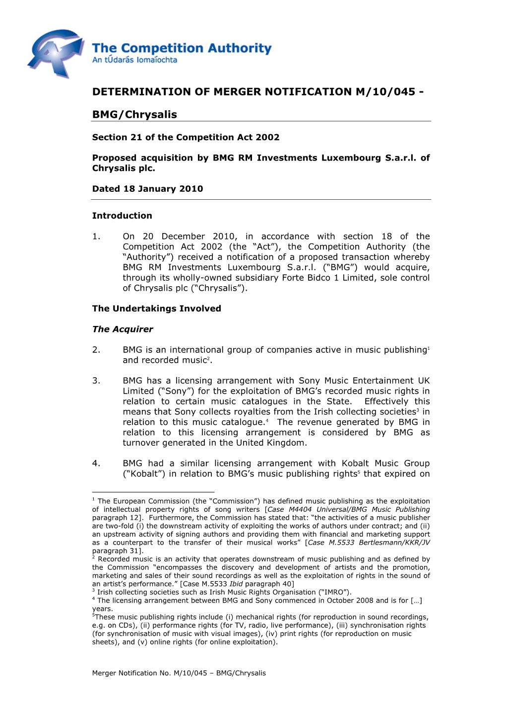 Determination of Merger Notification M/10/045