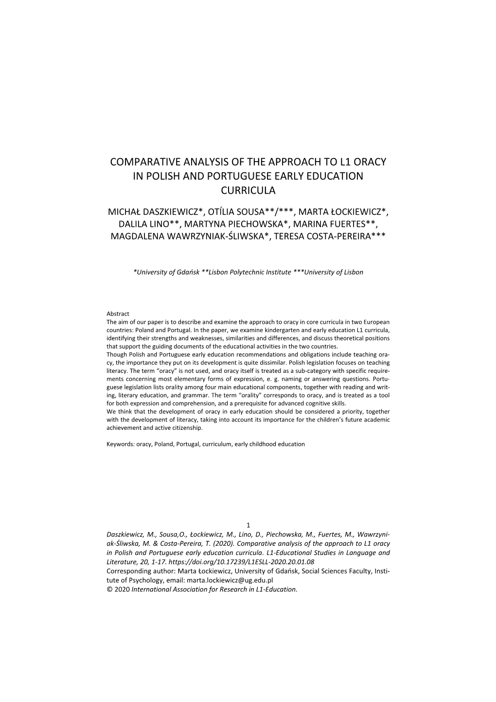 Comparative Analysis of the Approach to L1 Oracy in Polish and Portuguese Early Education Curricula