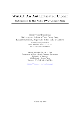 WAGE: an Authenticated Cipher Submission to the NIST LWC Competition