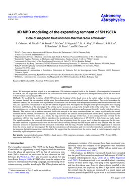 3D MHD Modeling of the Expanding Remnant of SN 1987A Role of Magnetic ﬁeld and Non-Thermal Radio Emission? S
