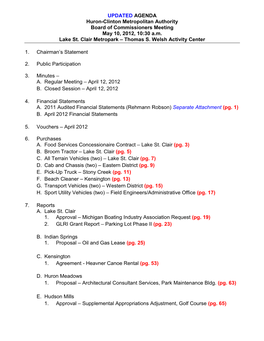 UPDATED AGENDA Huron-Clinton Metropolitan Authority Board of Commissioners Meeting May 10, 2012, 10:30 A.M