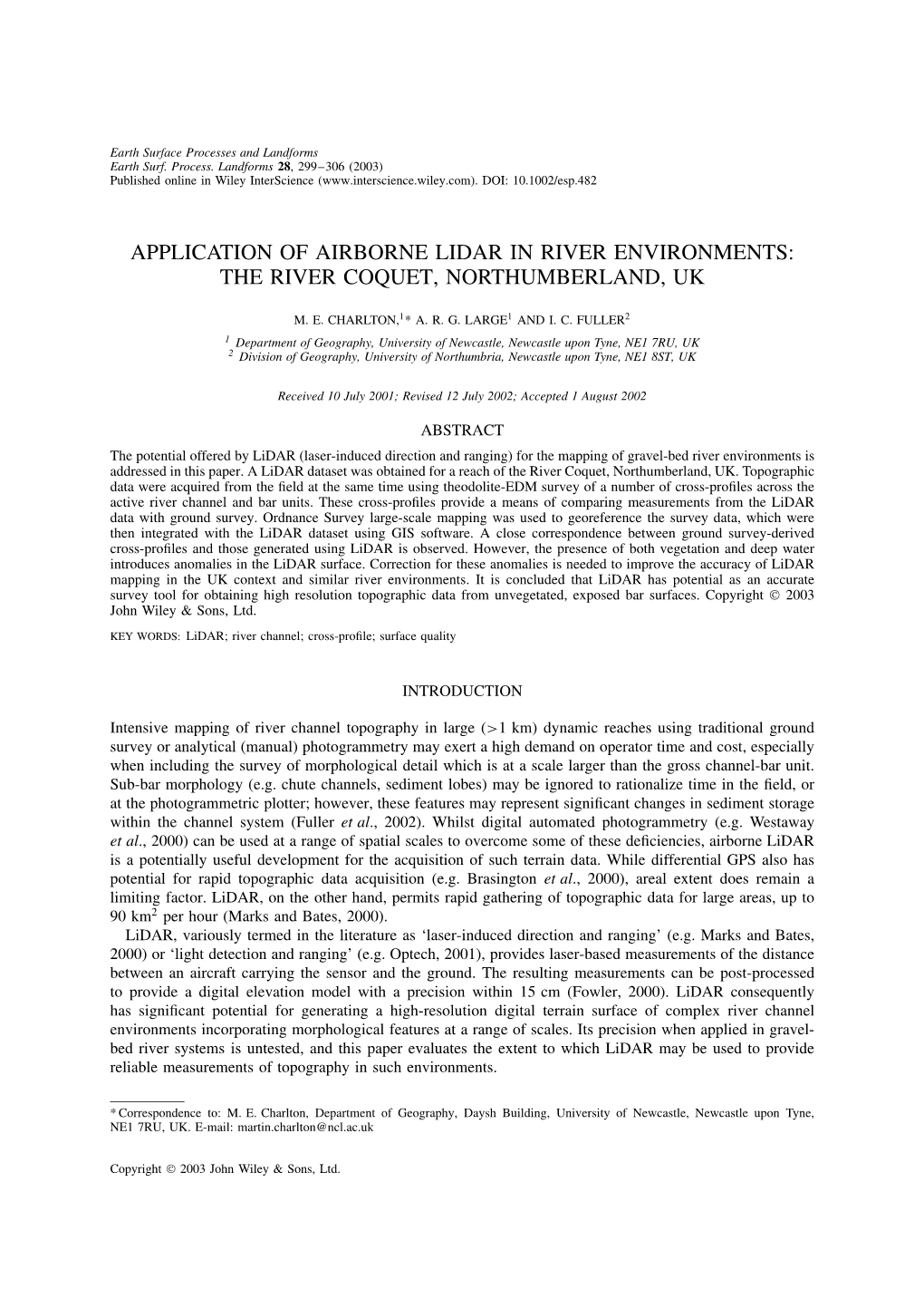 Application of Airborne Lidar in River Environments: the River Coquet, Northumberland, Uk
