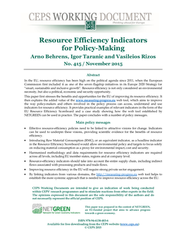 Resource Efficiency Indicators for Policy-Making Arno Behrens, Igor Taranic and Vasileios Rizos No