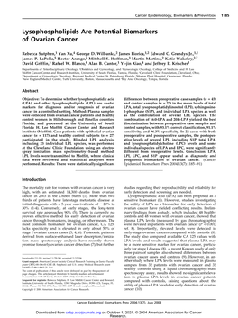 Lysophospholipids Are Potential Biomarkers of Ovarian Cancer