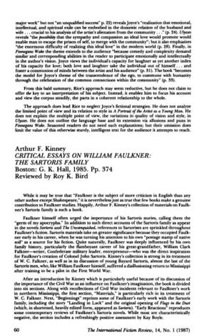Arthur F. Kinney CRITICAL ESSAYS on WILLIAM FAULKNER: the SARTORIS FAMILY Boston: G