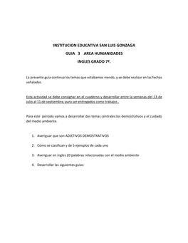 Institucion Educativa San Luis Gonzaga Guia 3 Area Humanidades Ingles Grado 7º