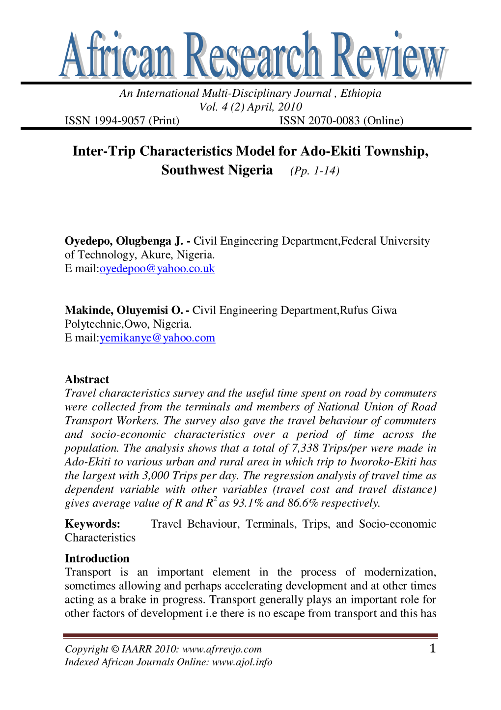 Inter-Trip Characteristics Model for Ado-Ekiti Township, Southwest Nigeria (Pp