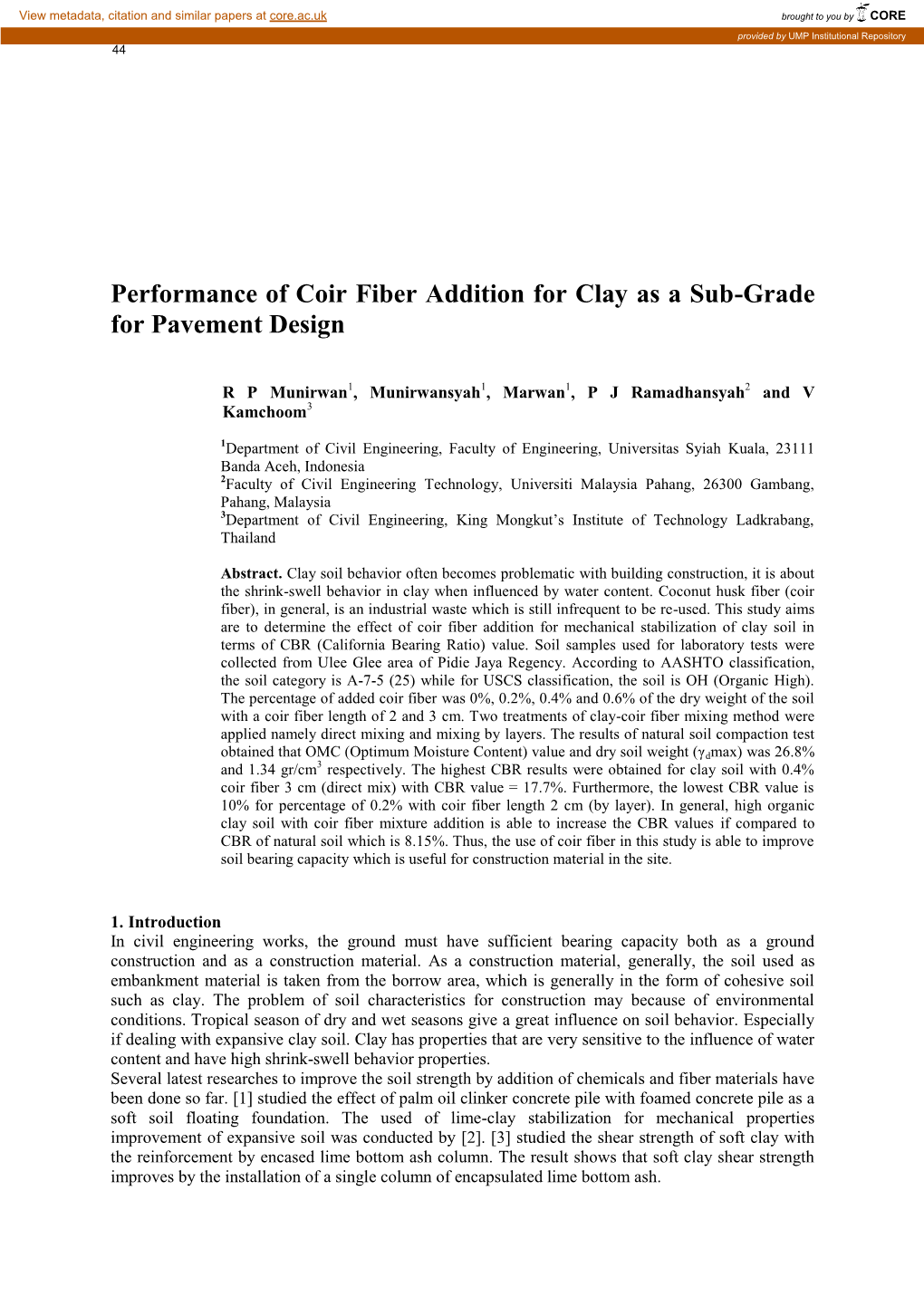 Performance of Coir Fiber Addition for Clay As a Sub-Grade for Pavement Design