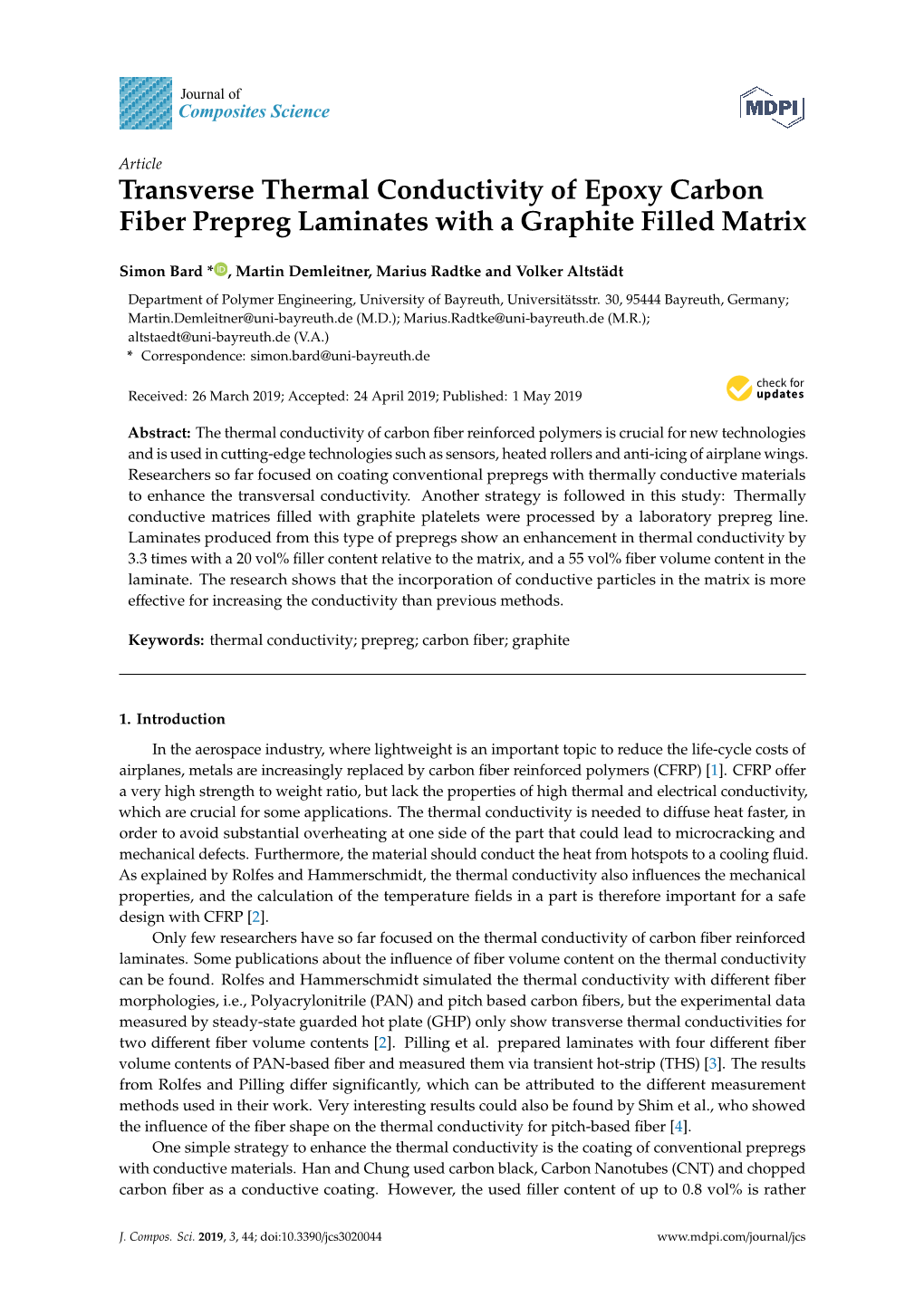 Transverse Thermal Conductivity of Epoxy Carbon Fiber Prepreg Laminates with a Graphite Filled Matrix