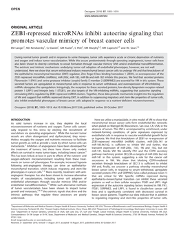 ZEB1-Repressed Micrornas Inhibit Autocrine Signaling That Promotes Vascular Mimicry of Breast Cancer Cells