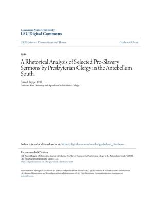 A Rhetorical Analysis of Selected Pro-Slavery Sermons by Presbyterian Clergy in the Antebellum South