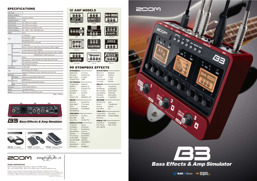 99 Stompbox Effects 12 Amp Models Specifications