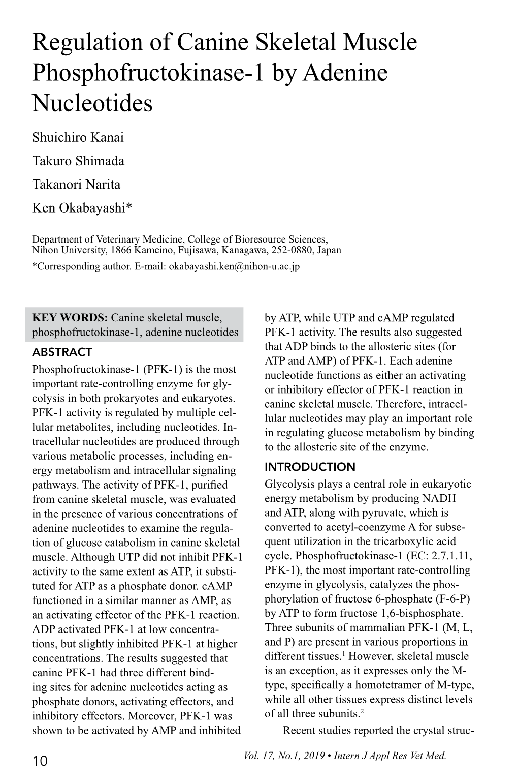 Regulation of Canine Skeletal Muscle Phosphofructokinase-1 by Adenine Nucleotides Shuichiro Kanai Takuro Shimada Takanori Narita Ken Okabayashi*